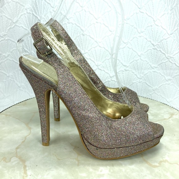 Forever 21 Shoes - Forever 21 Glitter Slingback Platform Stiletto Heel Womens 7 Pink Peep Toe Pump
